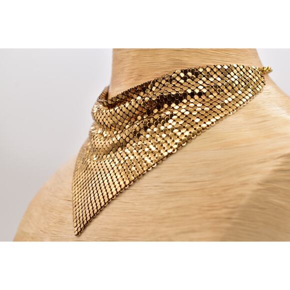 Whiting & Davis Vintage Mesh Chainmail Choker Bib Necklace Gold Signed 70s BinBL - Picture 10 of 12